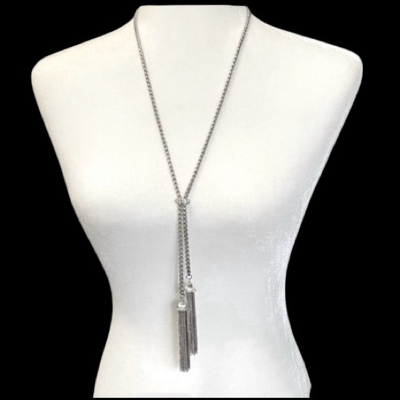 Jewelry - Stylish Silver Lariat-Y Necklace and Tassel Accent, Cable Chain, CZ